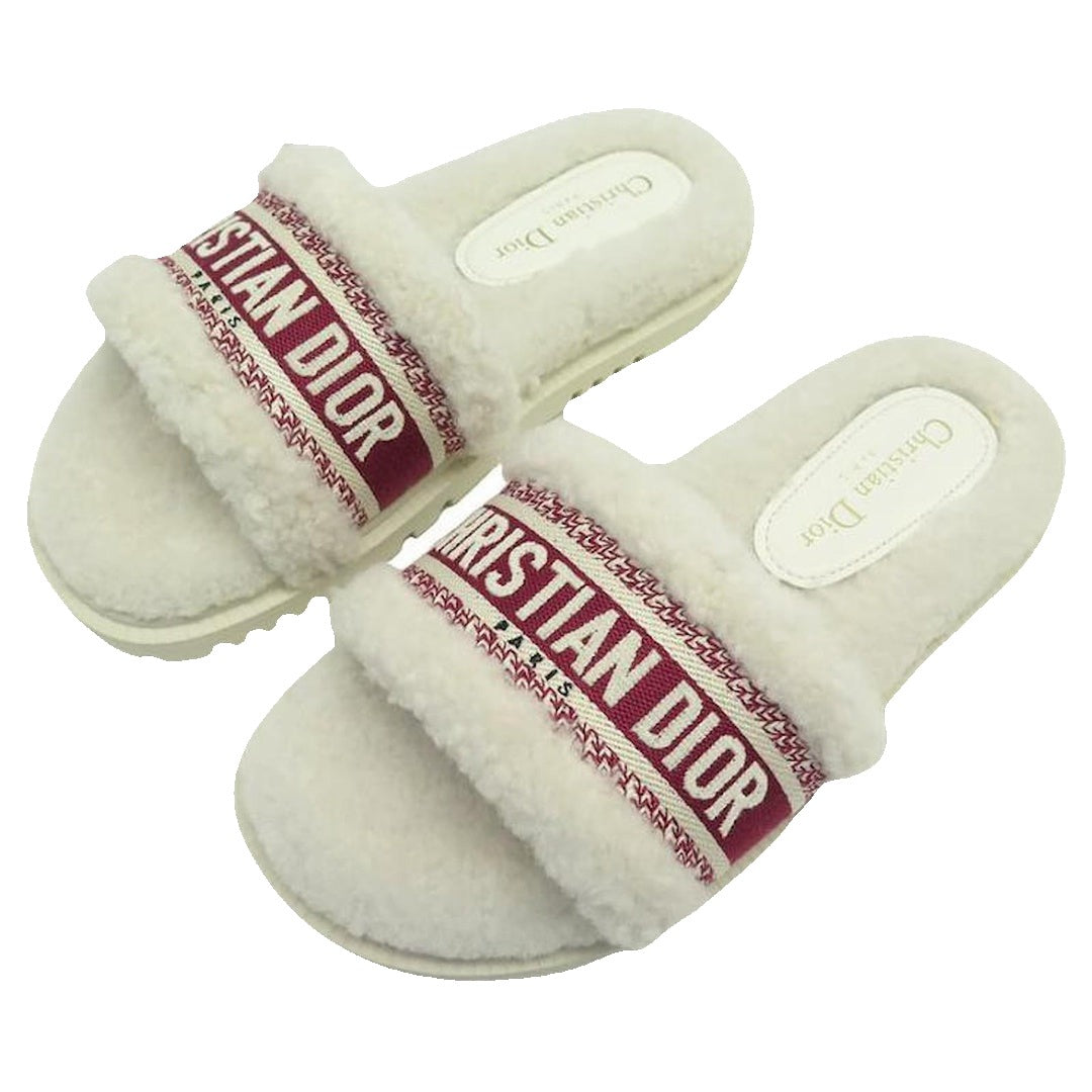 CHRISTIAN DIOR DWAY SHEARLING SLIDE SANDALS COOKIE WHITE
