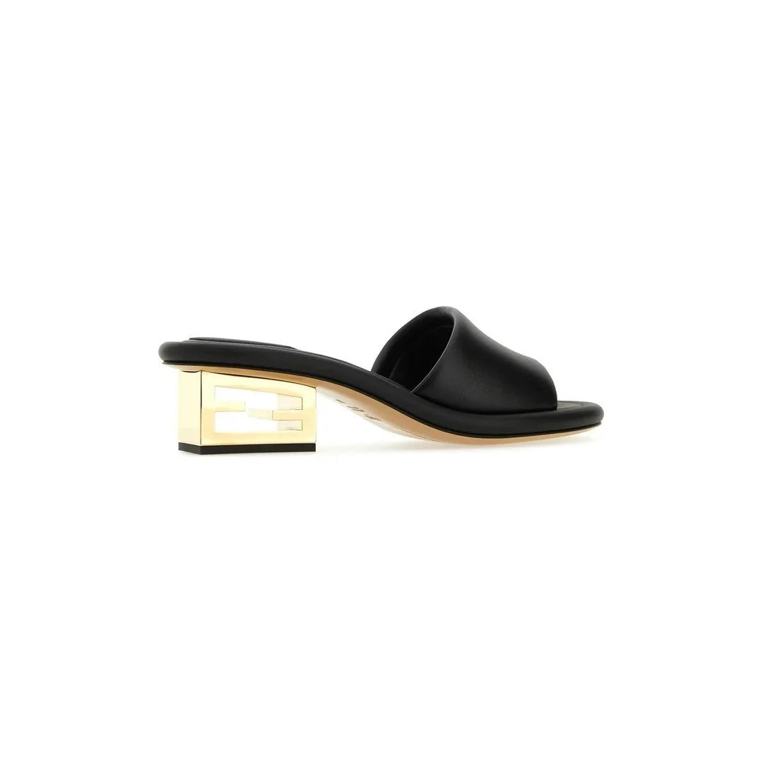 FENDI 45MM BAGUETTE METALLIC LEATHER MULES BLACK