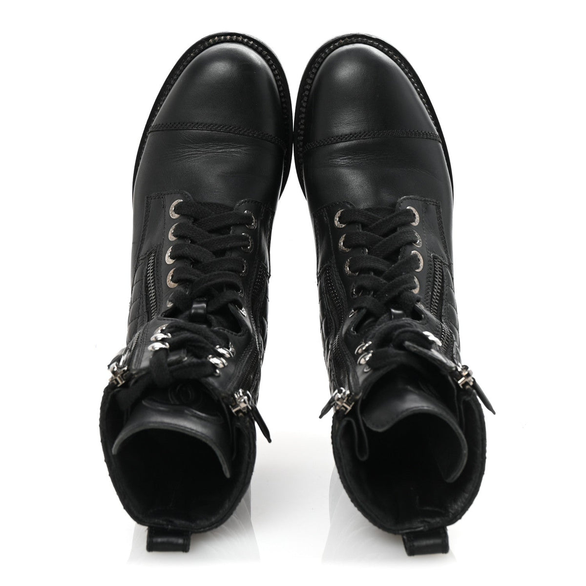 CHANEL QUILTED LACE UP COMBAT BOOTS CALFSKIN BLACK SHW