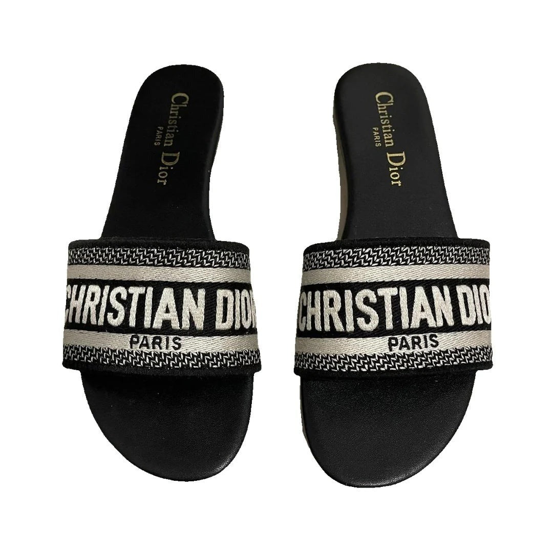 CHRISTIAN DIOR DWAY MISS DIOR FLAT SLIDE SANDALS AZURE PALE BLACK & WHITE