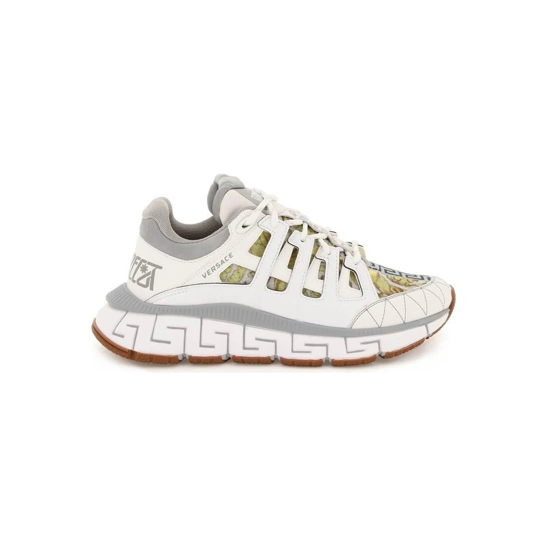 VERSACE LEATHER AND CANVAS TRIGRECA SNEAKERS WHITE & GREY