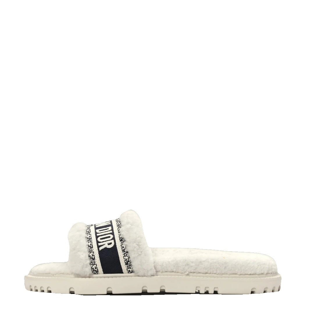 CHRISTIAN DIOR DWAY SHEARLING SLIDE SANDALS COOKIE WHITE