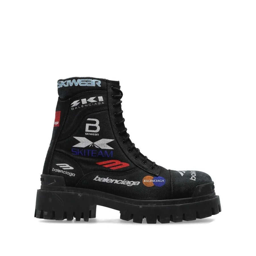 BALENCIAGA LOW STRIKE COMBAT BOOTS BLACK WITH MULTI-COLOR LOGOS