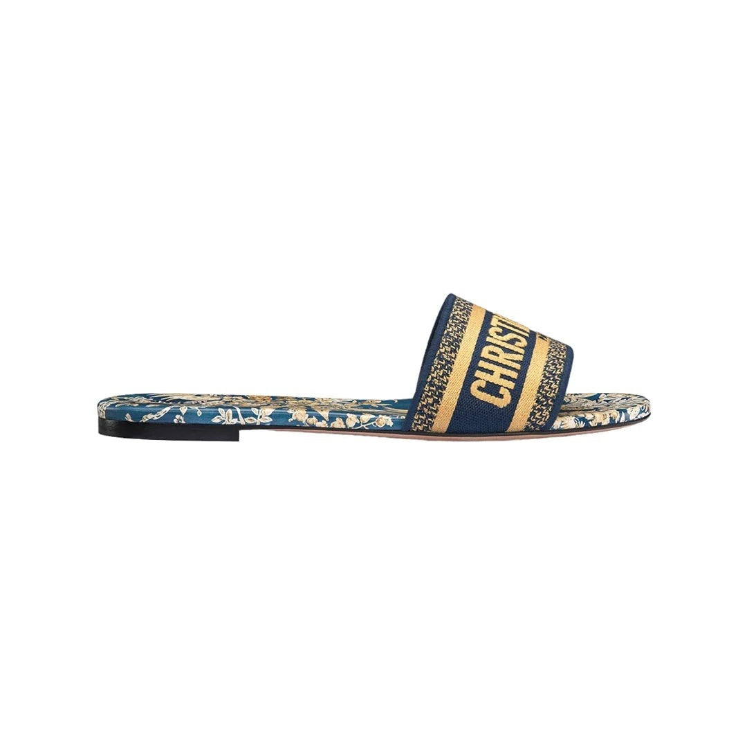 CHRISTIAN DIOR DWAY EMBROIDERED FLAT SLIDE SANDALS CAMEL CANVAS BLUE & YELLOW