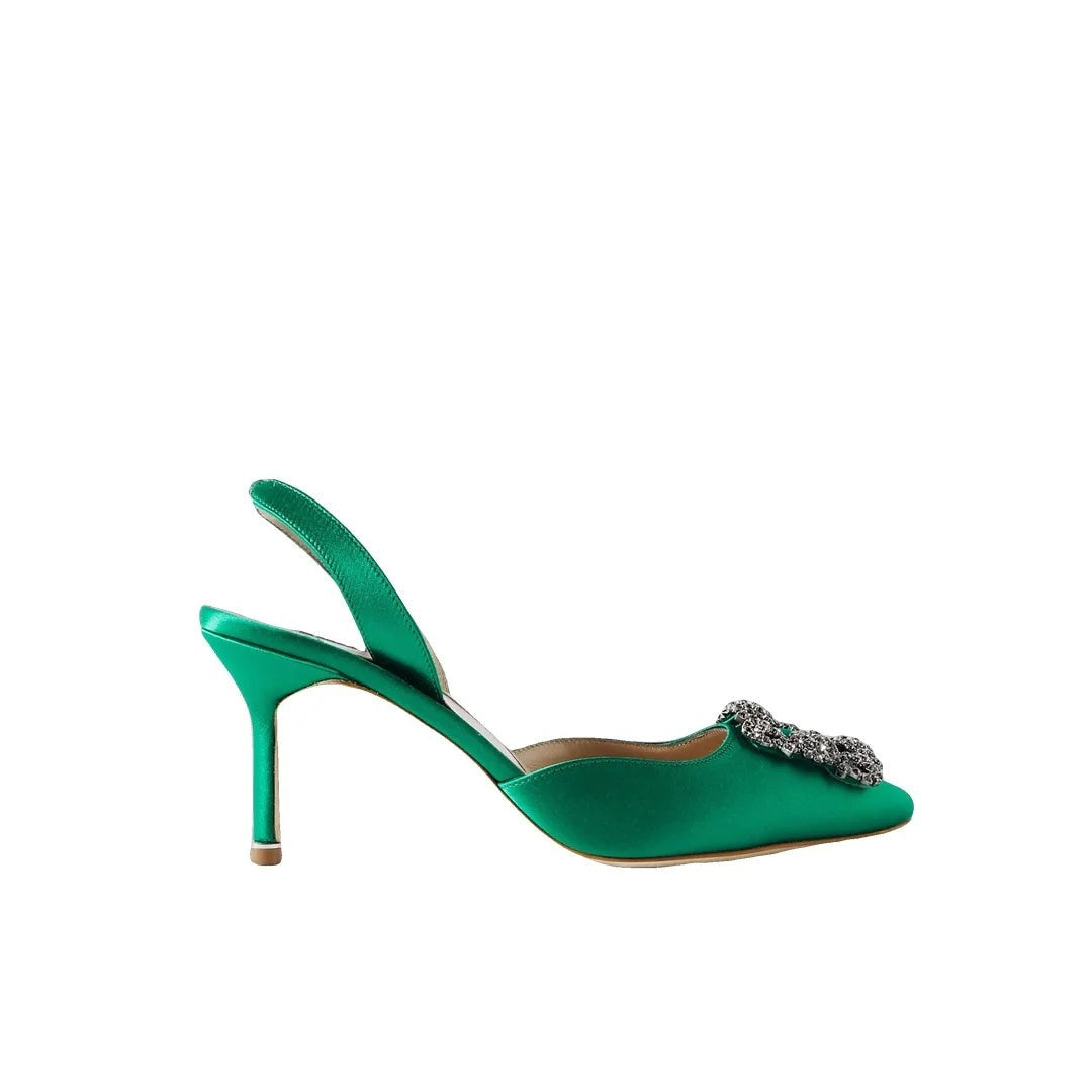 MANOLO BLAHNIK GIBSLI EMBELLISHED CREPE SLINGBACK PUMPS GREEN