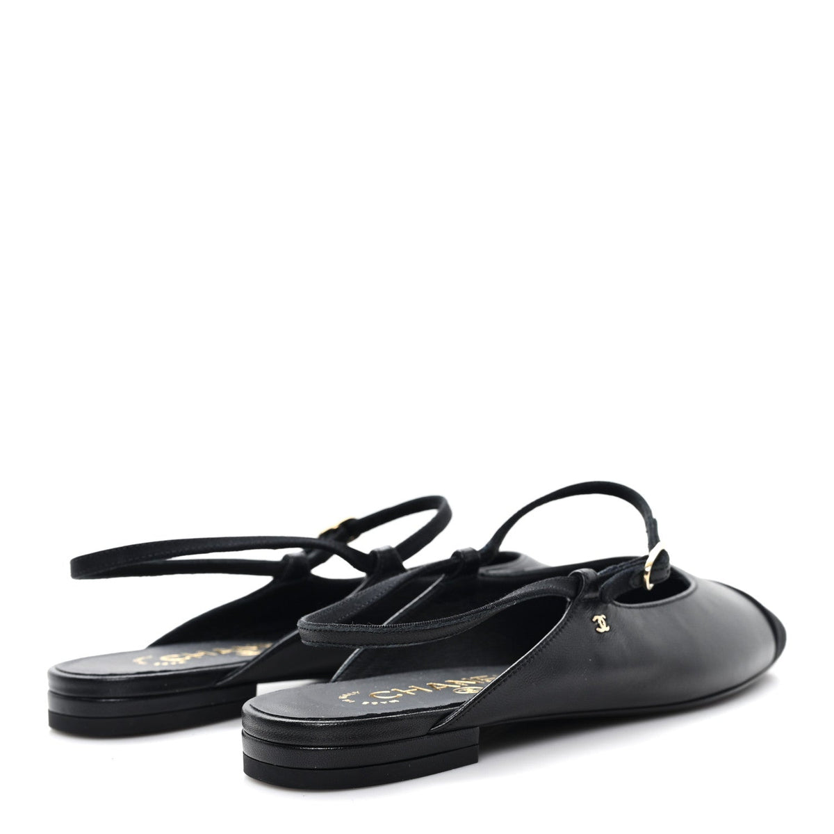 CHANEL SATIN CRYSTAL LAMBSKIN GROSGRAIN BOW CC SLINGBACK FLATS BLACK SLINGBACK WITH PEARLS