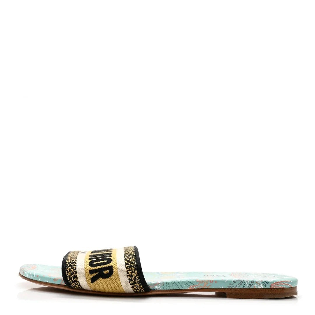 CHRISTIAN DIOR CANVAS EMBROIDERED DWAY MULE SLIDE SANDAL TURQUOISE FLORAL