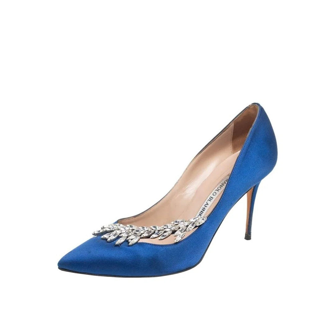 MANOLO BLAHNIK SATIN JEWEL NADIRA POINTED TOE PUMPS BLUE