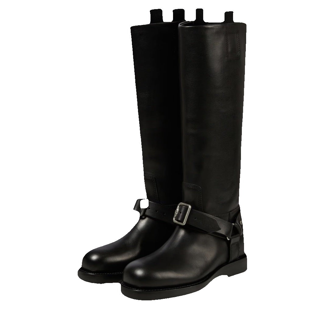 BURBERRY SADDLE KNEE-HIGH LEATHER BOOTS BLACK