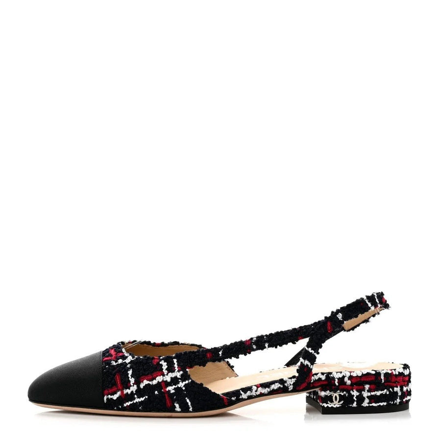 CHANEL TWEED GROSGRAIN CAP TOE CC SLINGBACK PUMP BLACK & RED & WHITE TWEED