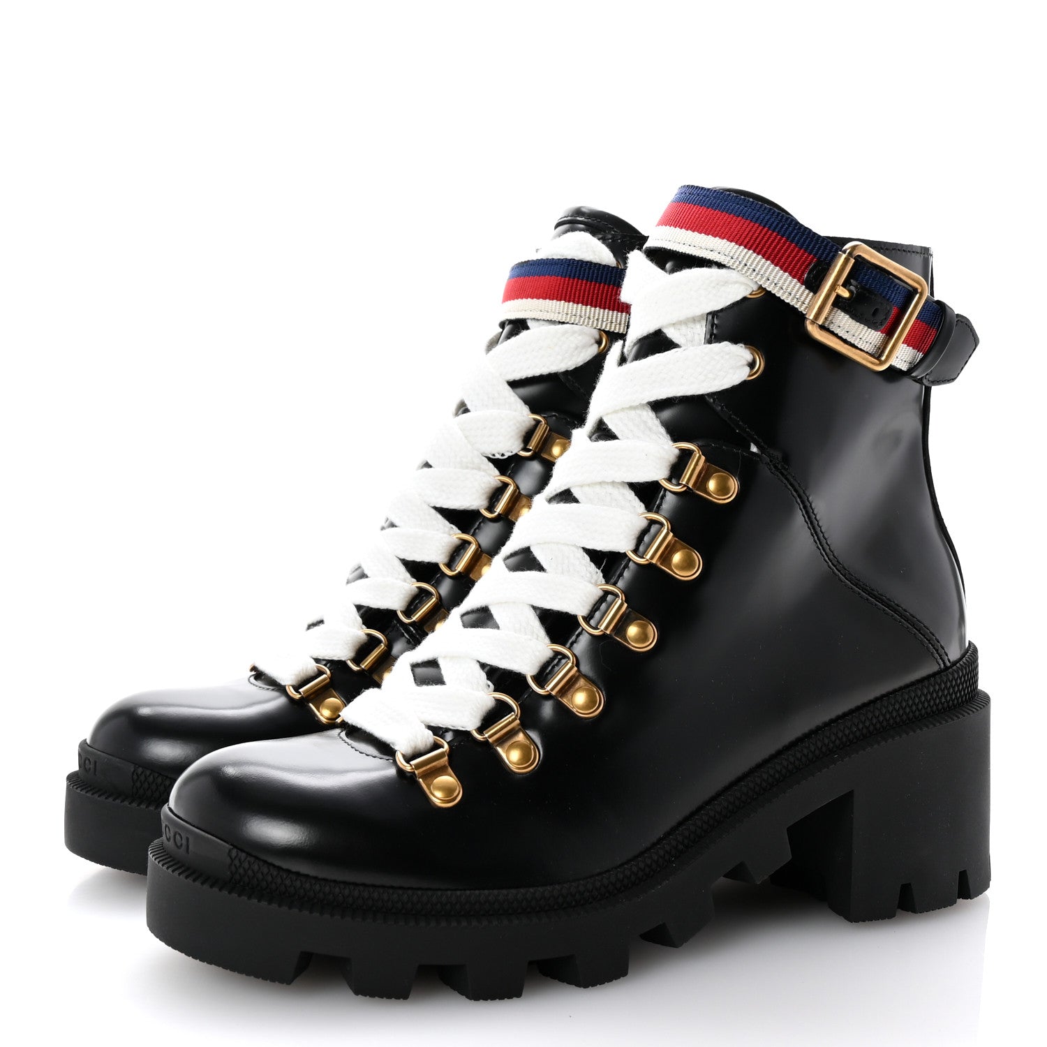 Gucci Sylvie Web Lace Up Combat Boots Black