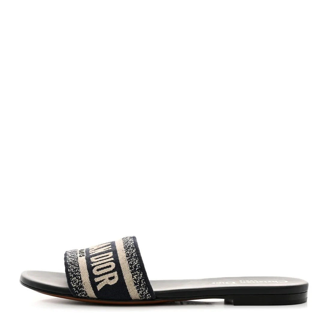 CHRISTIAN DIOR CANVAS EMBROIDERED DWAY MULE SLIDE SANDAL NAVY & BEIGE