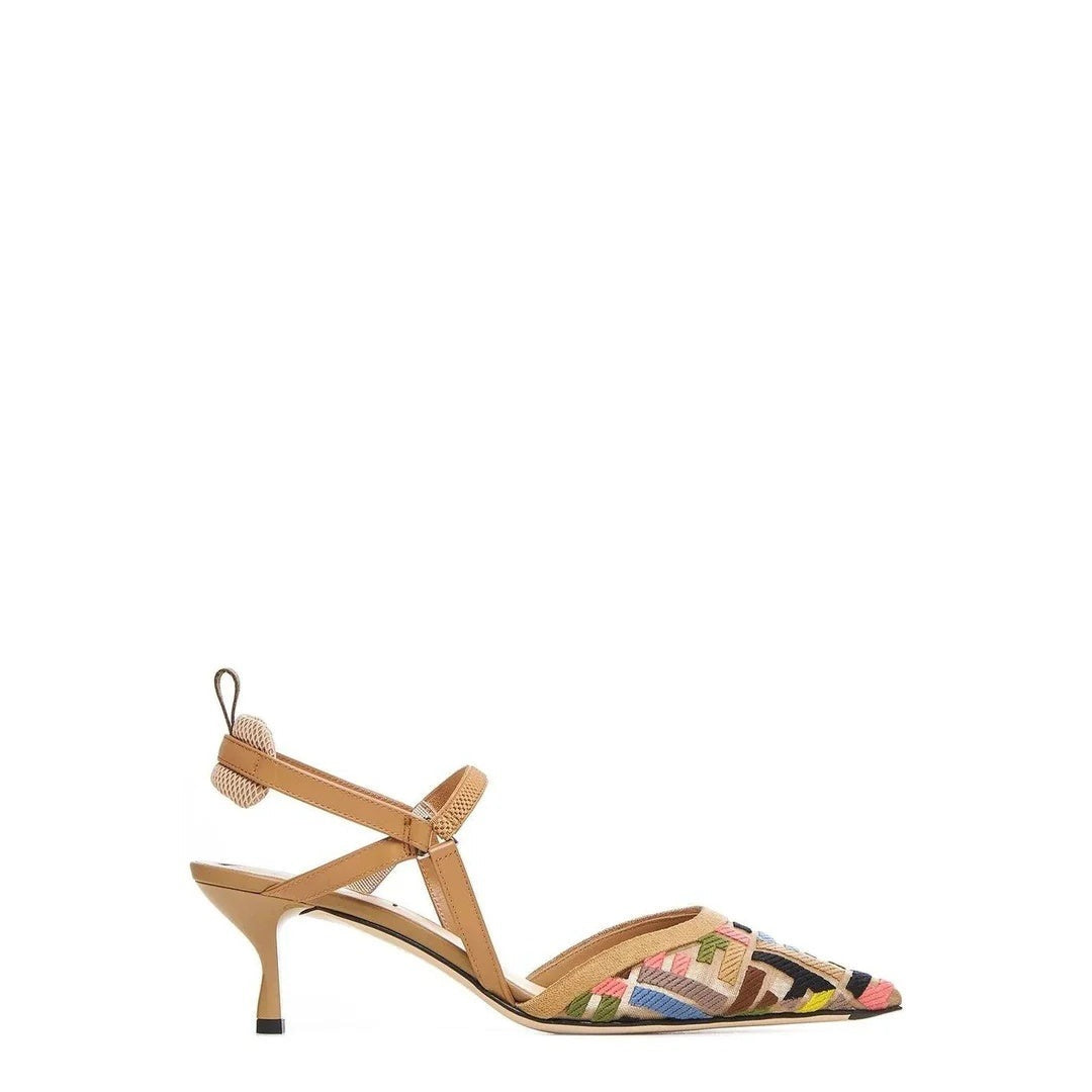 FENDI COLIBRÌ EMBROIDERED MESH SLINGBACK PUMPS BEIGE & MULTICOLOR