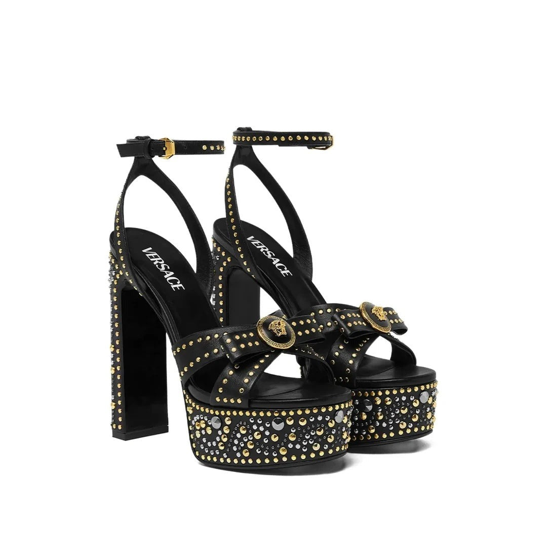 VERSACE 120MM LA MEDUSA ESPADRILLE PLATFORM SANDALS BLACK WITH GOLD STUDS