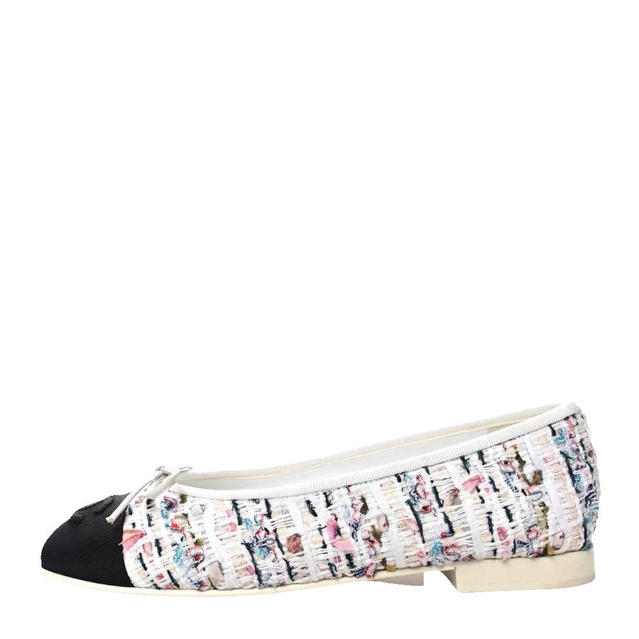 CHANEL TWEED GROSGRAIN CAP TOE CC BALLERINA FLAT PINK PINK & MULTICOLOR WHITE