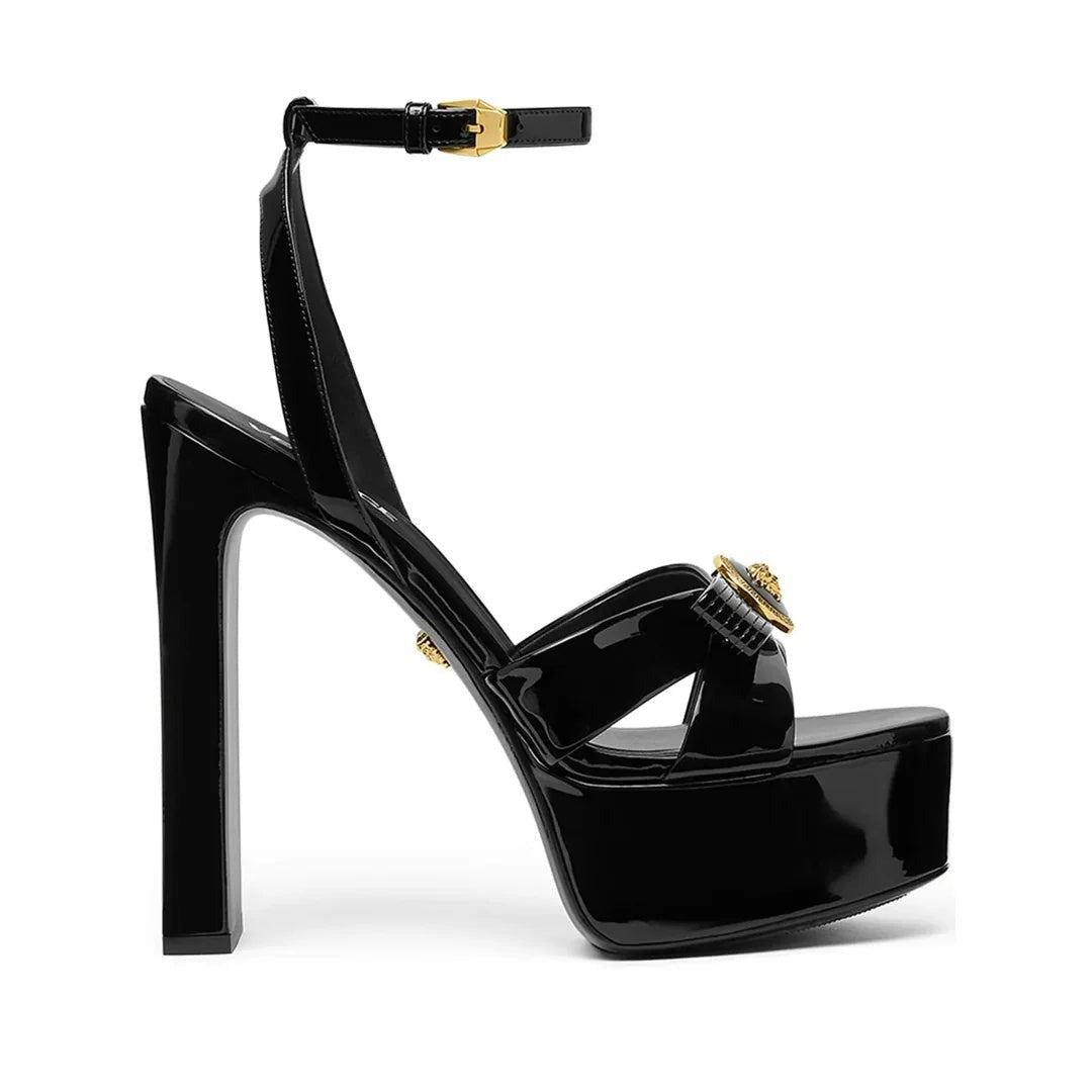 VERSACE PLATFORM SANDALS BLACK WITH GOLD MEDUSA