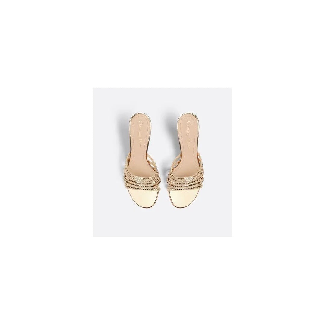 CHRISTIAN DIOR COTTON STRASS EMBROIDERED D-WAY HEELED SANDAL GOLD