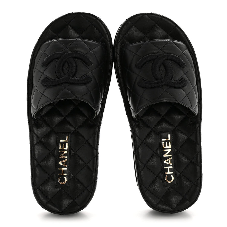 CHANEL LAMBSKIN QUILTED CC MULE SANDAL BLACK