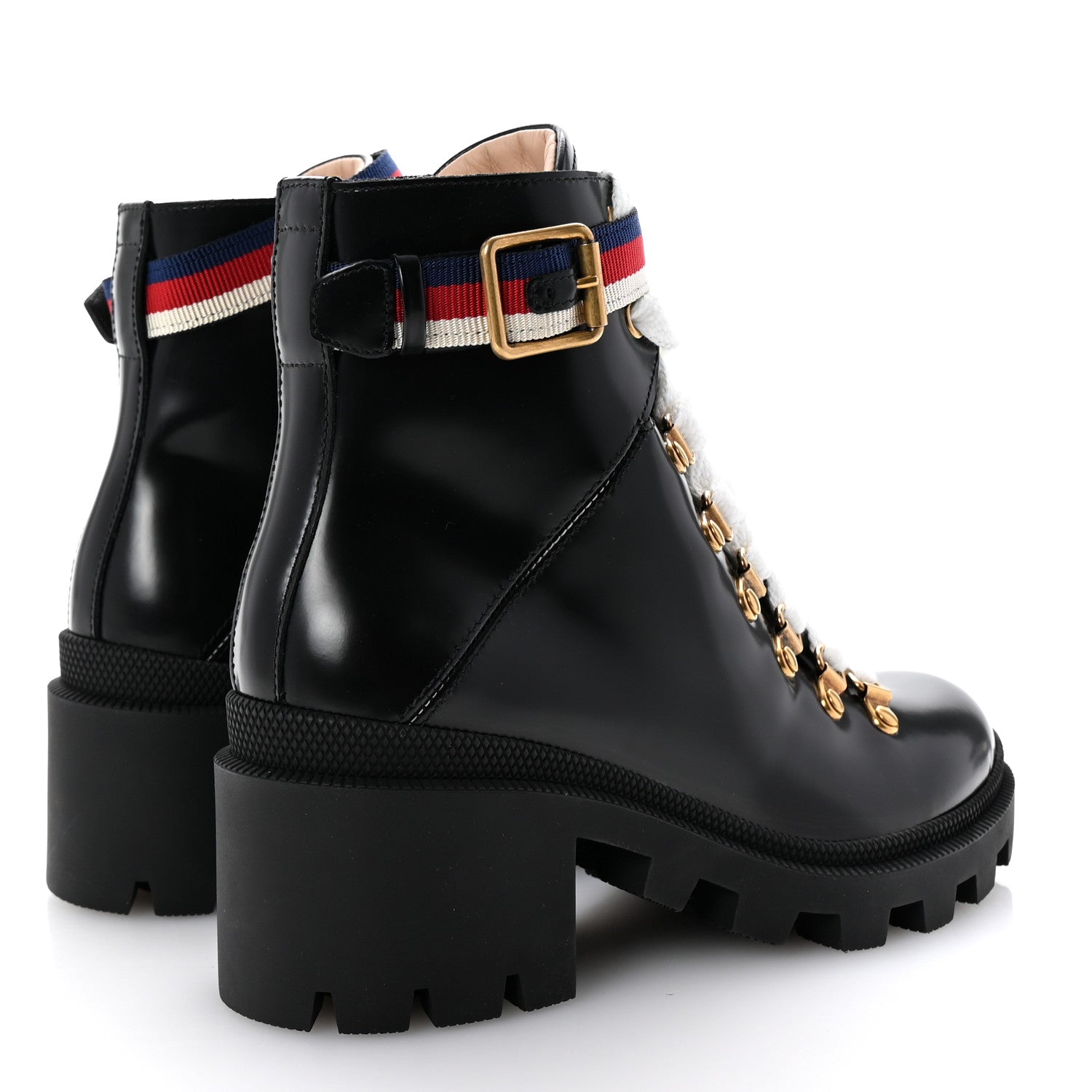 Gucci Sylvie Web Lace Up Combat Boots Black
