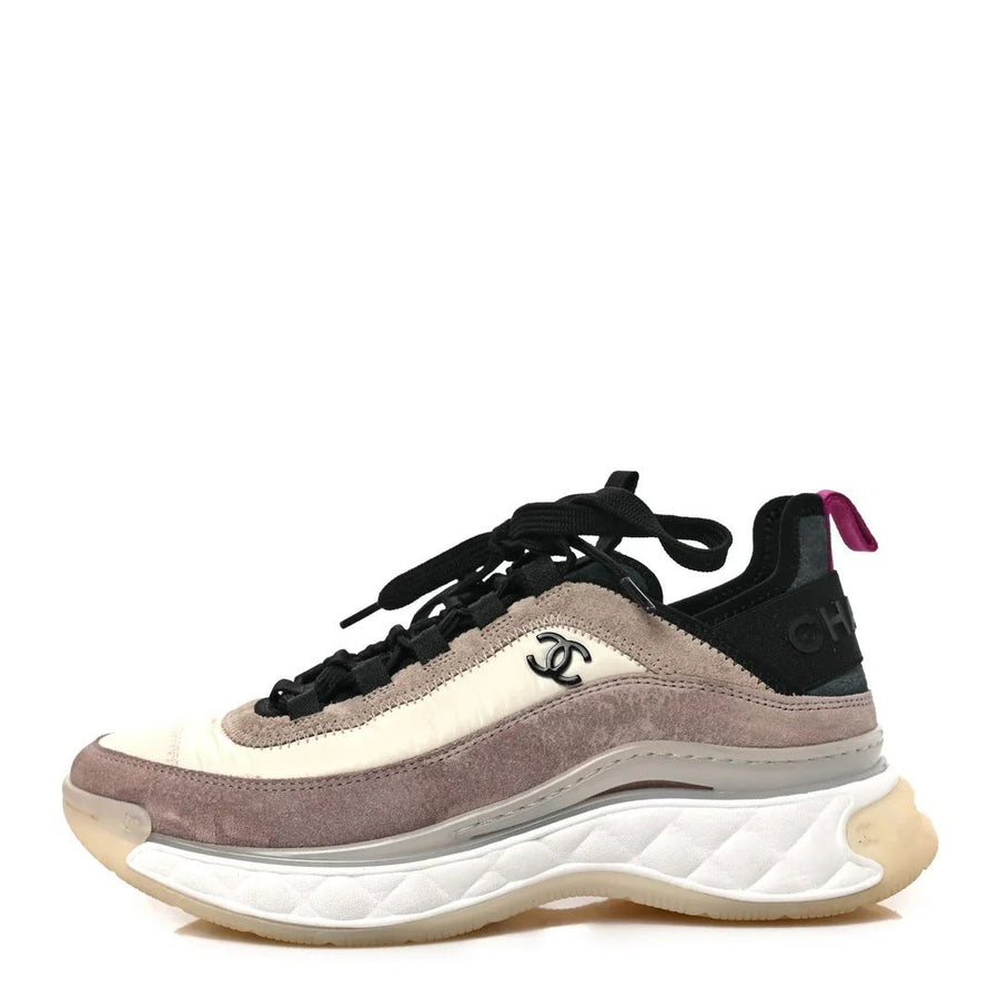 CHANEL FABRIC SUEDE CALFSKIN CC SNEAKERS PINK BEIGE BLACK & BEIGE & PINK