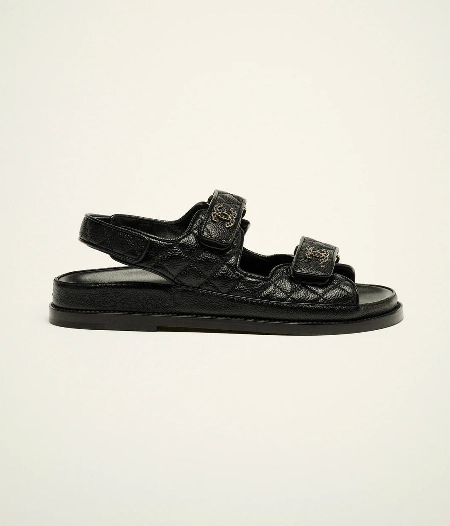 Chanel Dad Sandal in Black Quilted Caviar Leather