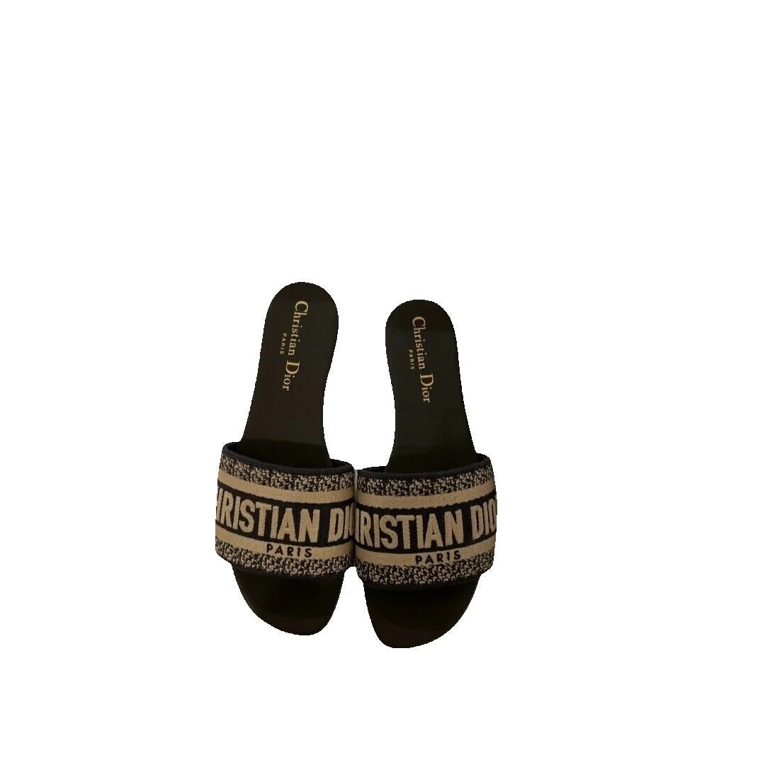 CHRISTIAN DIOR DWAY EMBROIDERED FLAT SLIDE SANDALS CAMEL CANVAS BLUE & NAVY