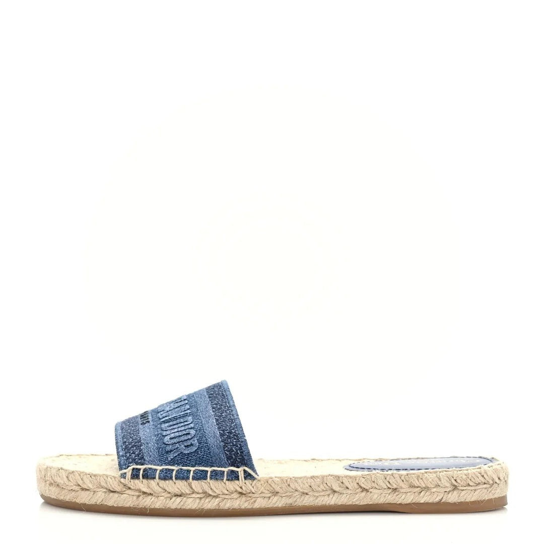 CHRISTIAN DIOR CANVAS EMBROIDERED GRANVILLE ESPADRILLE FLAT SLIDE SANDAL BLUE