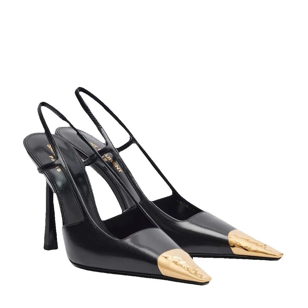 SAINT LAURENT RENEE SLINGBACK PUMPS BLACK & GOLD