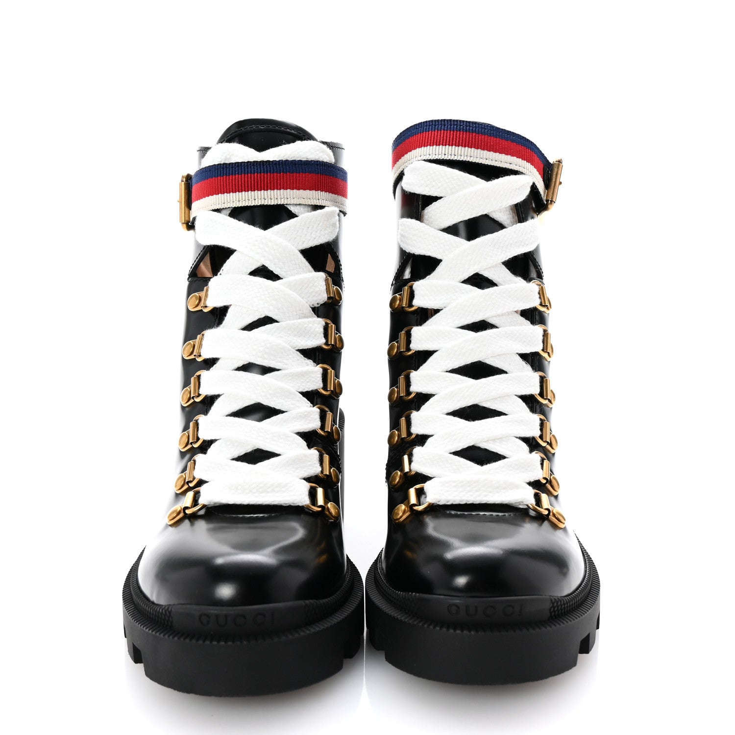 Gucci Sylvie Web Lace Up Combat Boots Black