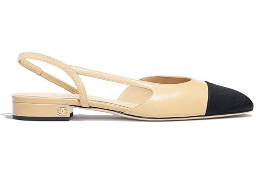 Chanel Classic Slingback Pump in beige goatskin with black grosgrain cap toe