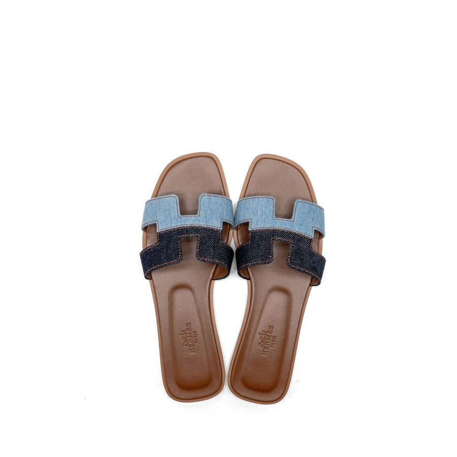 HERMES ORAN SANDALS DENIM/LEATHER BLEU BRUT/BLEU