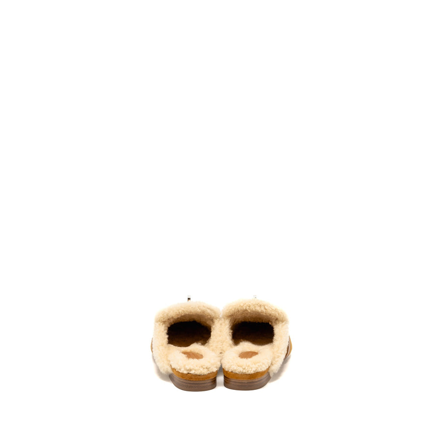 HERMES OZ MULE SUEDE GOATSKIN SHEARLING NATUREL SHW