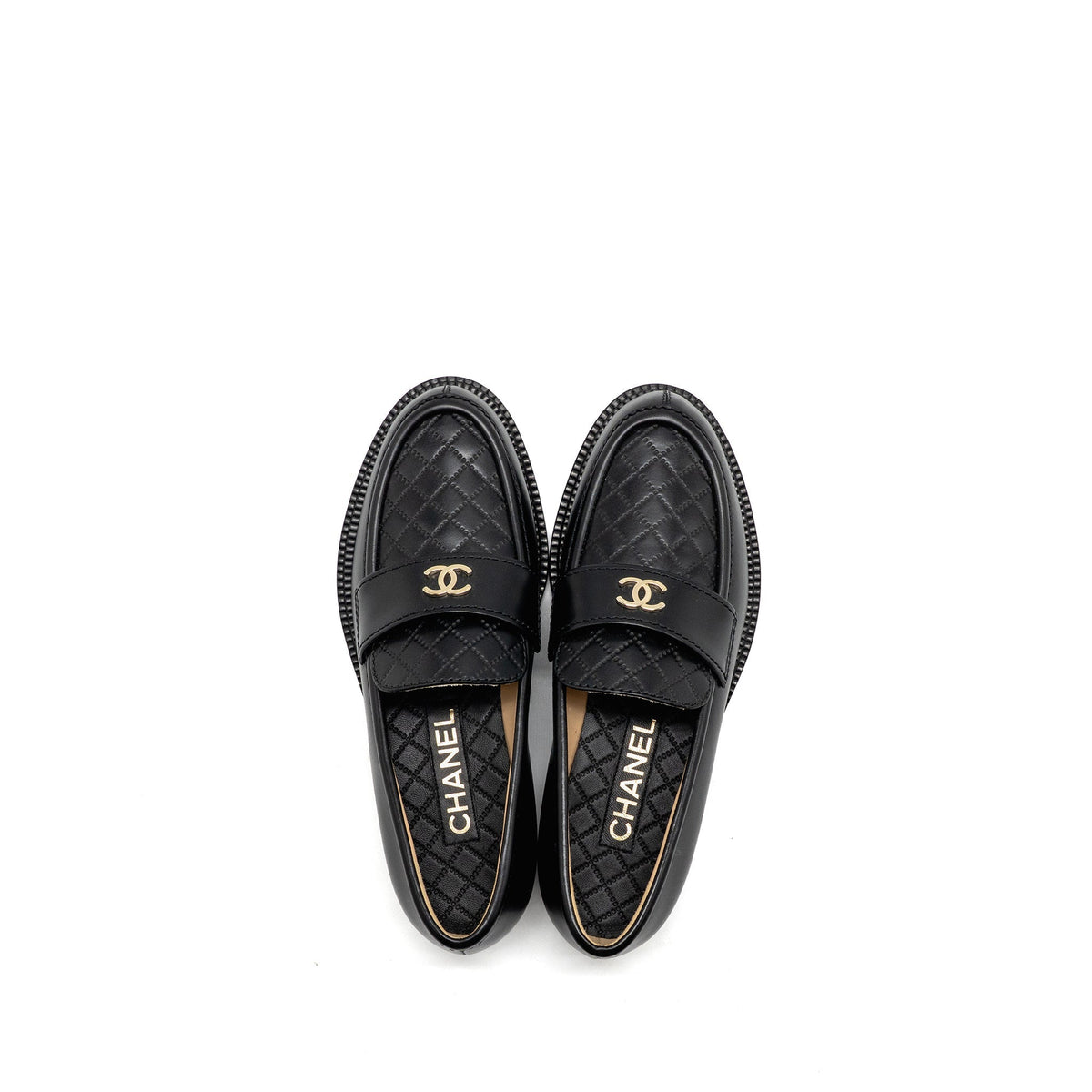 CHANEL CC QUILTED LOAFERS LEATHER BLACK LGHW