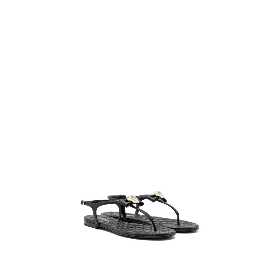 CHANEL CAMELLIA LEATHER SANDALS BLACK LGHW