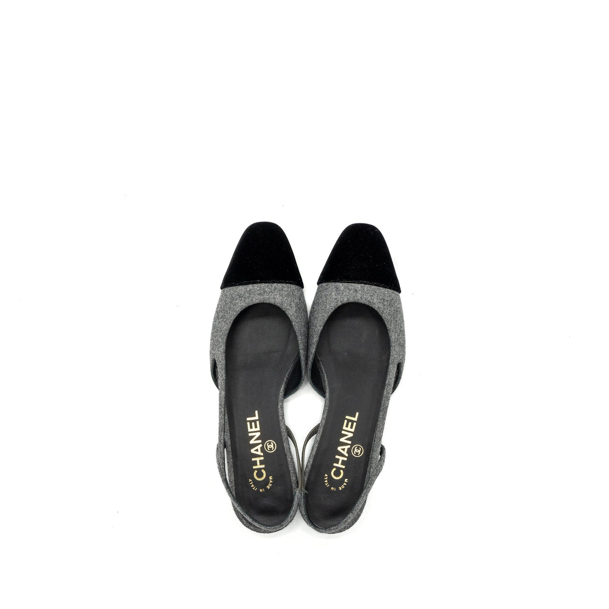 CHANEL SLING BACK FLAT SHOES FELT/VELVET GREY/BLACK