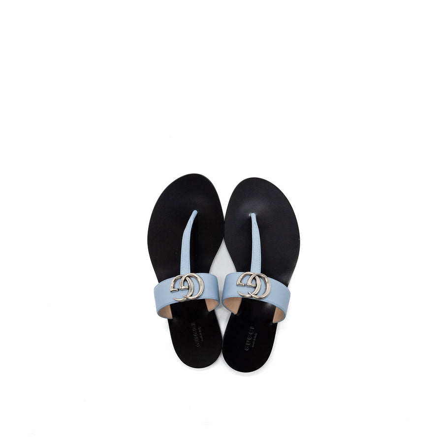 Gucci Leather Thong Sandal With Double G Leather Light Blue SHW