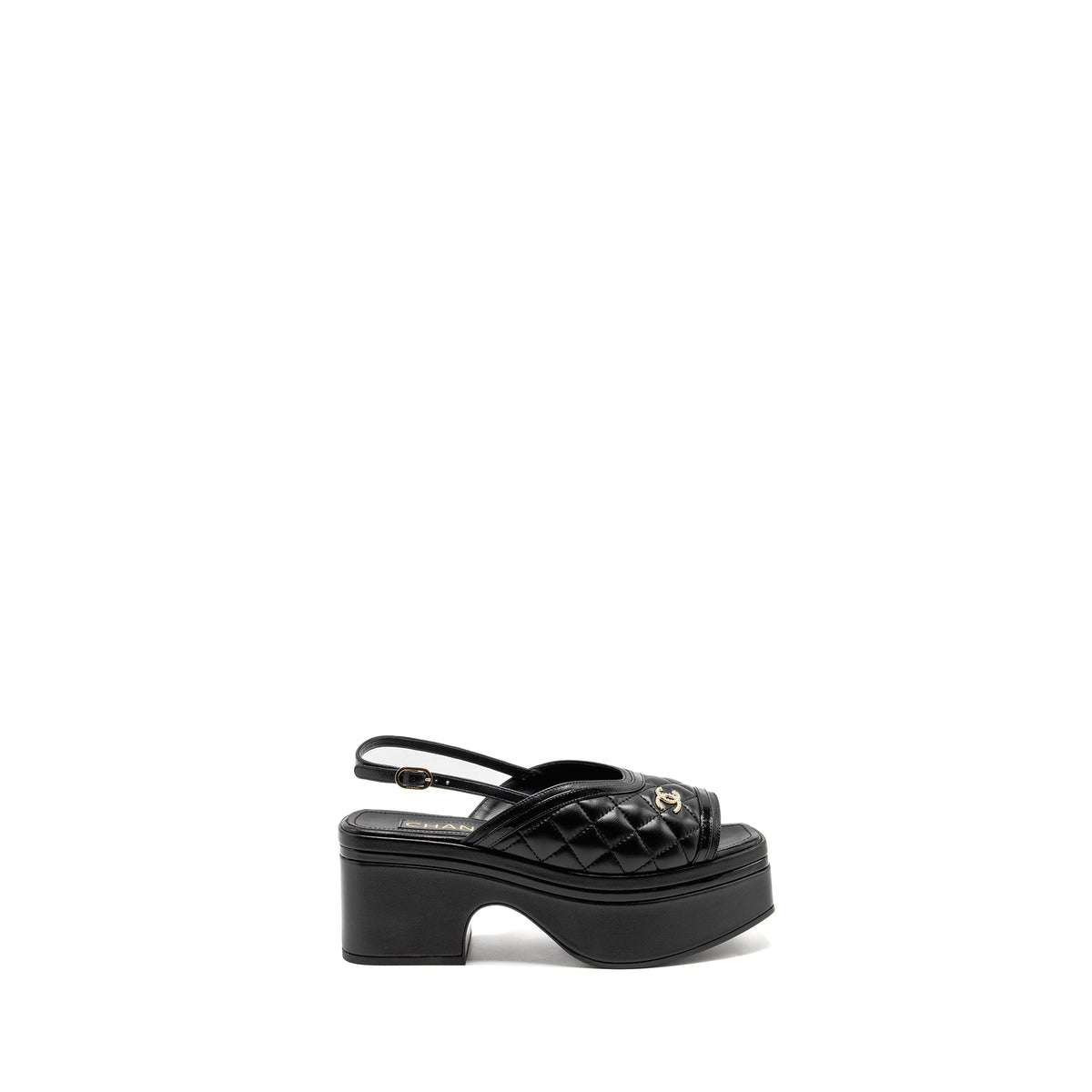 CHANEL 23A PLATFORM SANDALS/SLINGBACK QUILTED LAMBSKIN BLACK