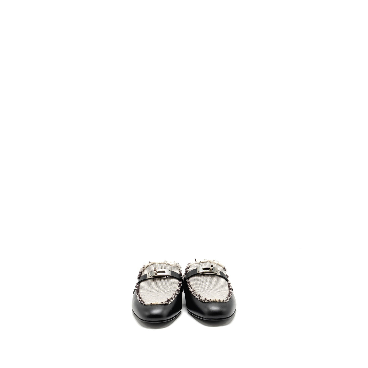 HERMES OZ MULE FRINGED CANVAS / CALFSKIN BLACK / BEIGE SHW