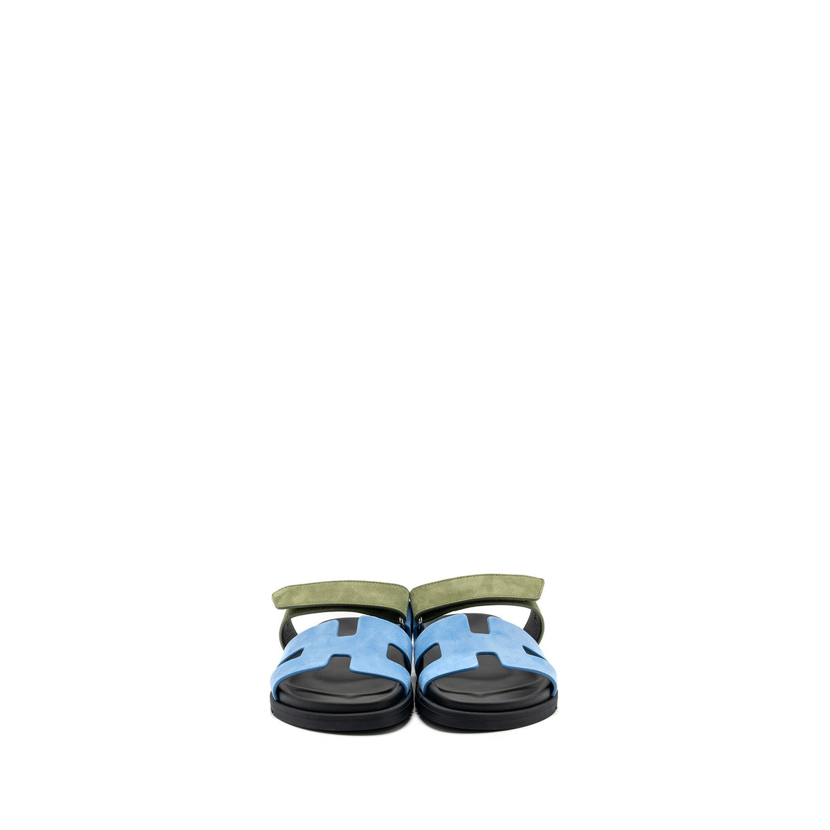 HERMES CHYPRE SANDALS CHÈVRE VELOURS BLEU CAMEO / VERT CELADON