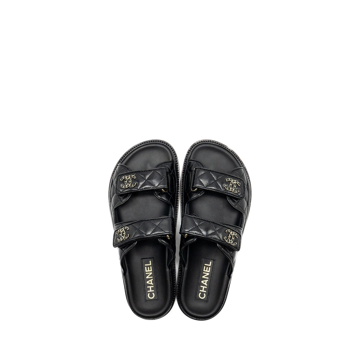 CHANEL CC LOGO DAD SANDALS LEATHER BLACK LIGHT GOLD TONE