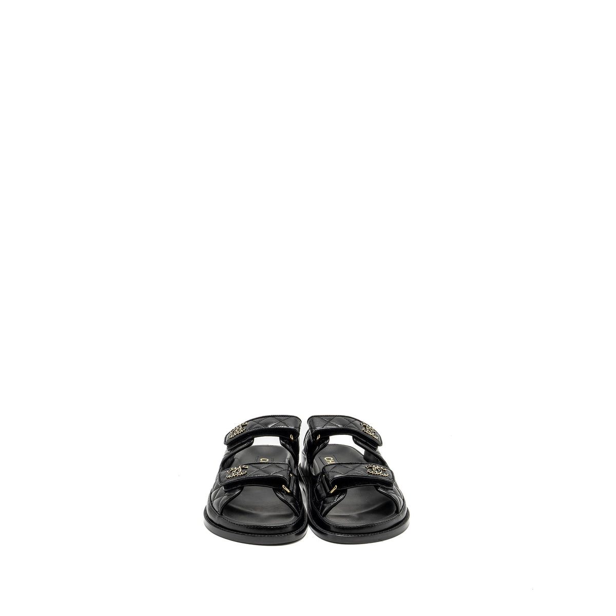 CHANEL CC LOGO DAD SANDALS LEATHER BLACK LIGHT GOLD TONE