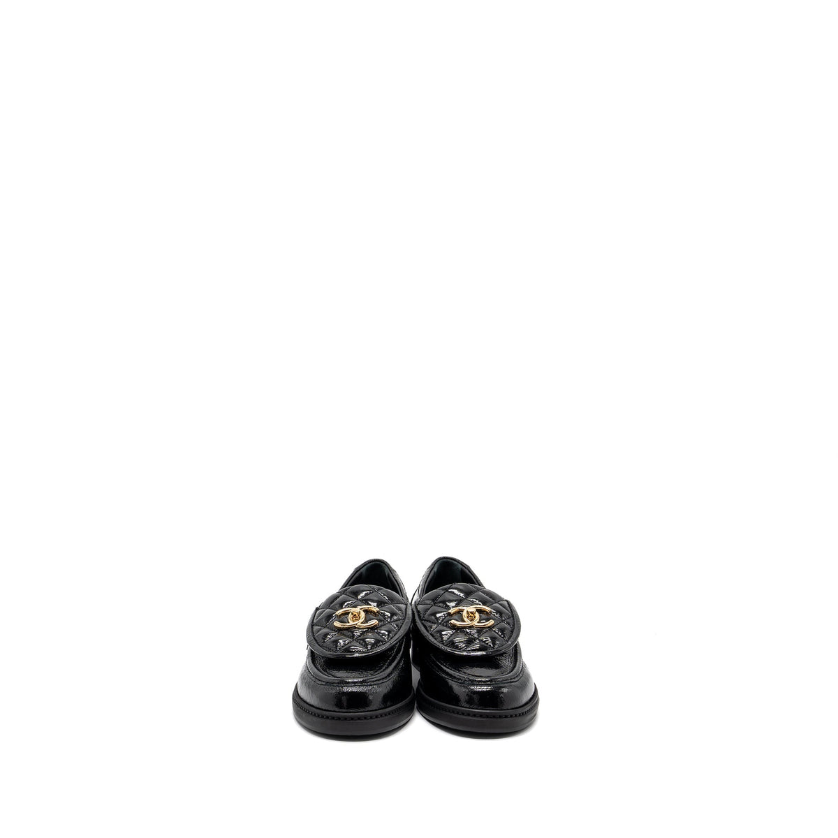 CHANEL QUILTED CC LOGO LOAFER PATENT LAMBSKIN BLACK LGHW