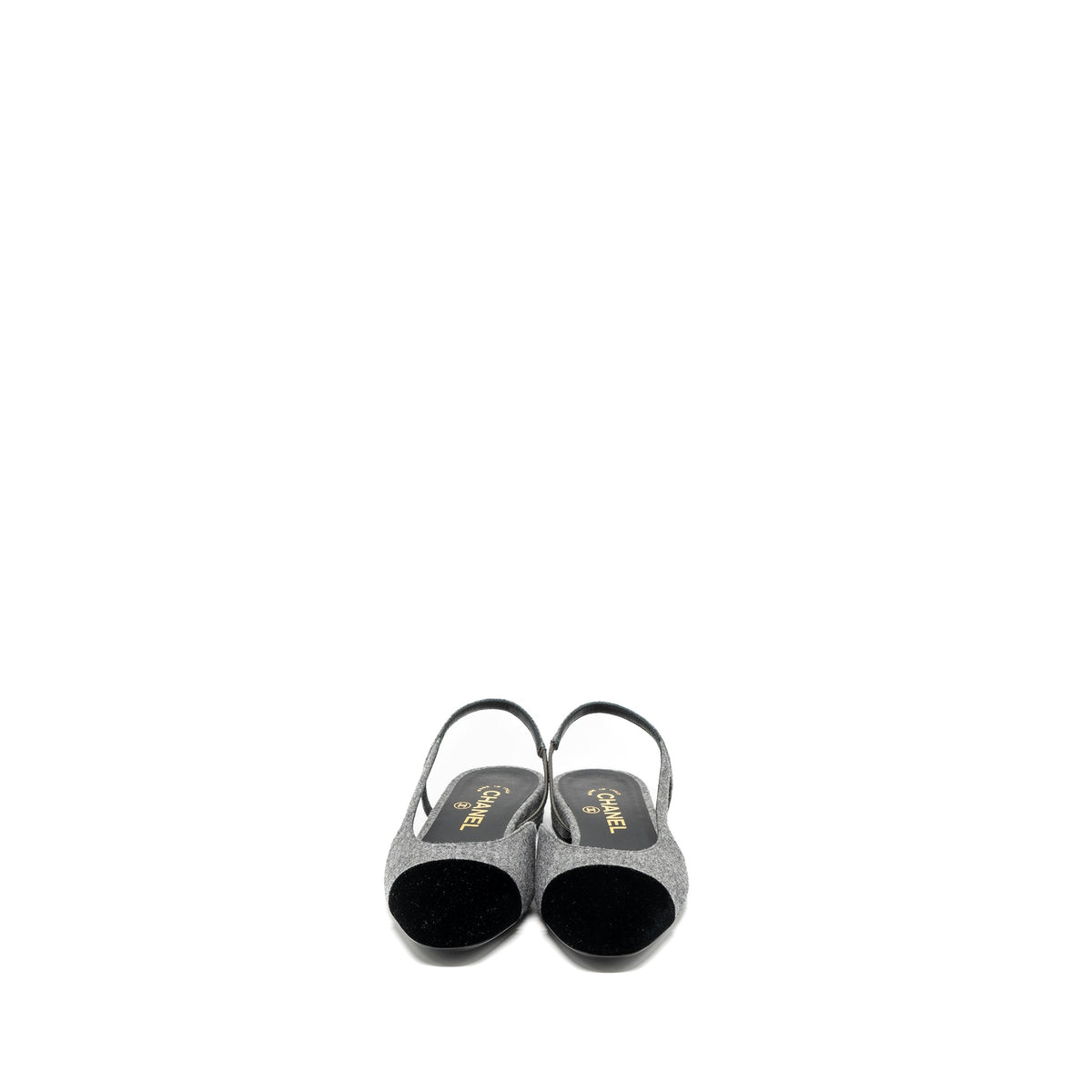 CHANEL SLING BACK FLAT SHOES FELT/VELVET GREY/BLACK