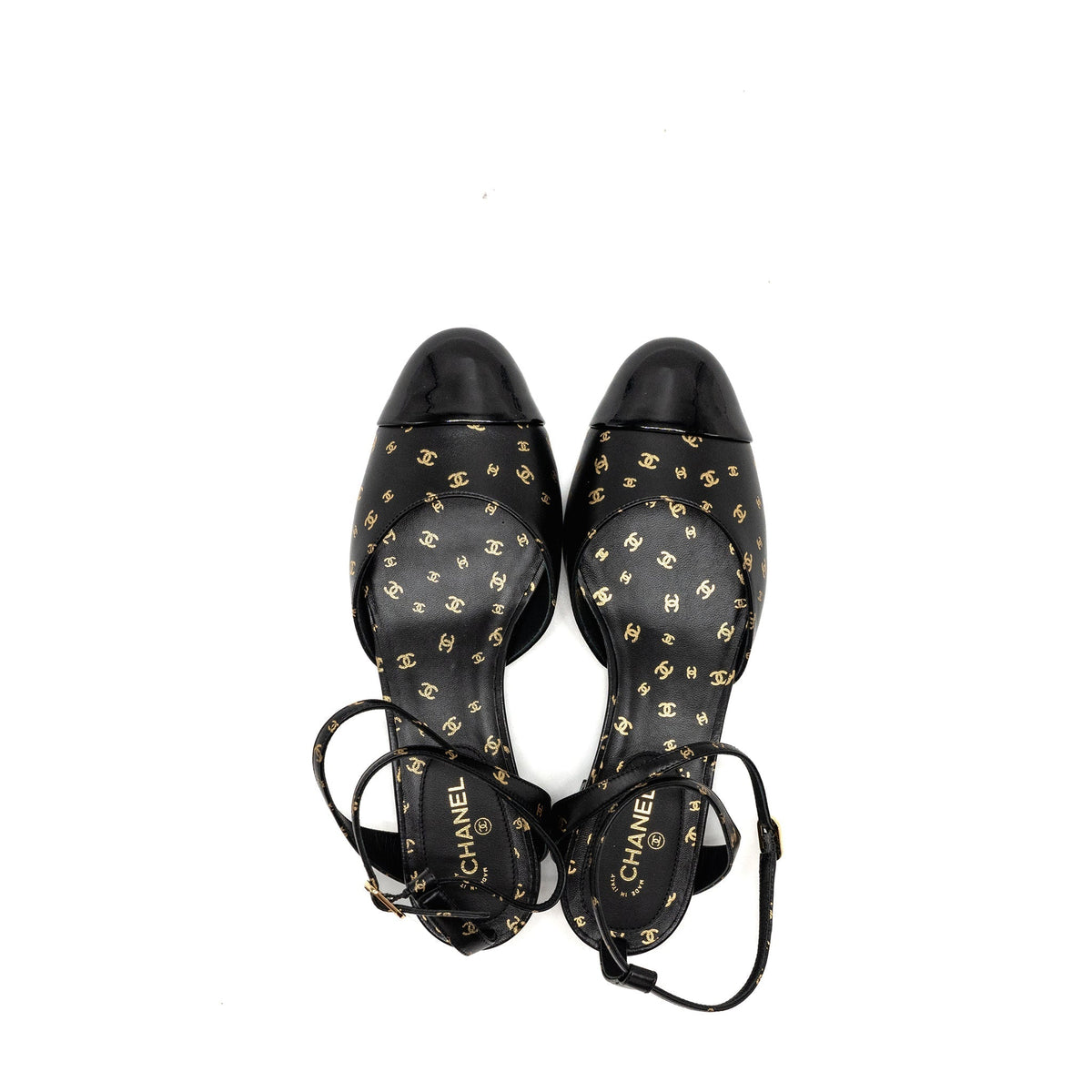 CHANEL CC LOGO PRINT SLINGBACKS LAMBSKIN/PATENT CALFSKIN BLACK/GOLD GHW
