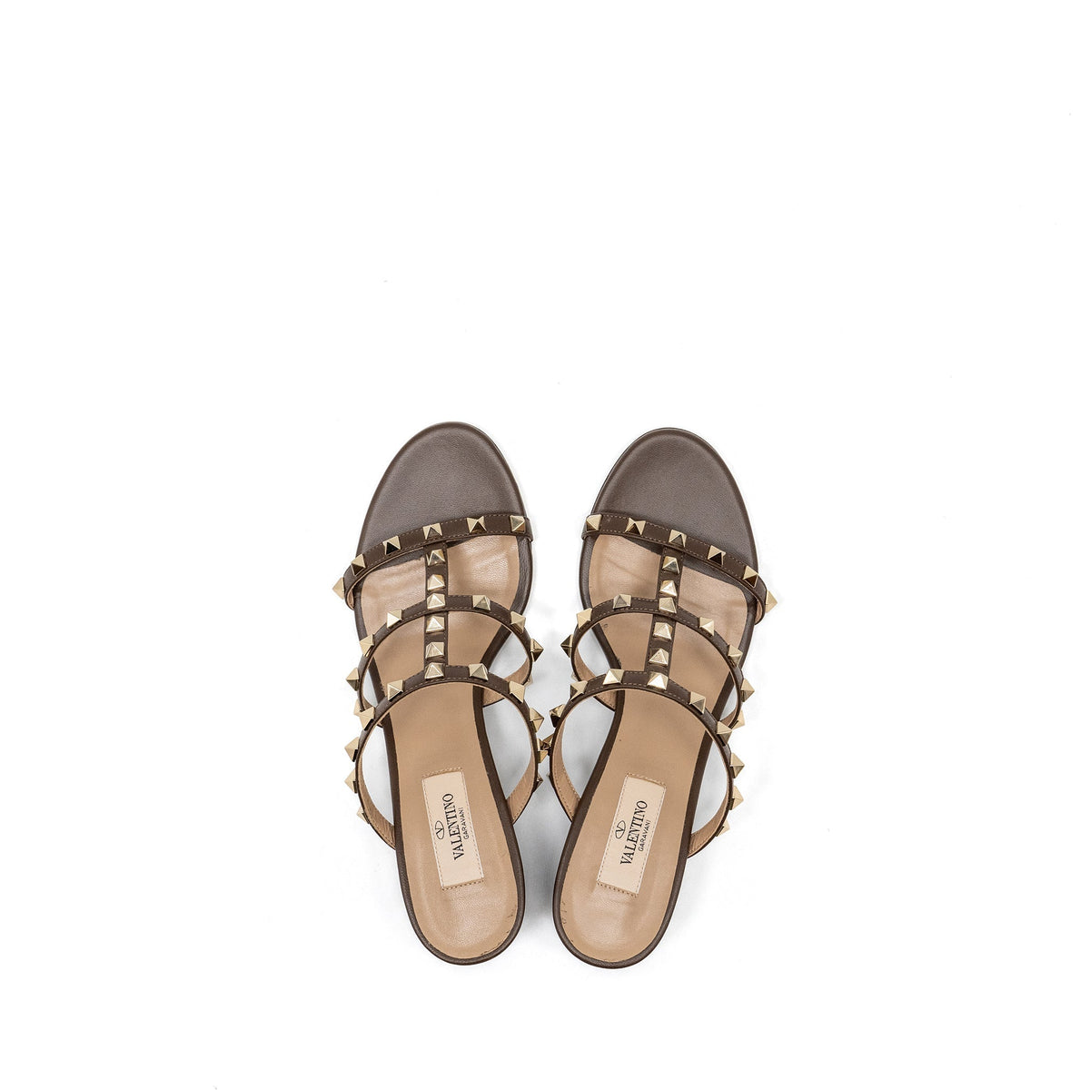 VALENTINO GARAVANI ROCKSTUD SLIDE SANDALS CALFSKIN BROWN