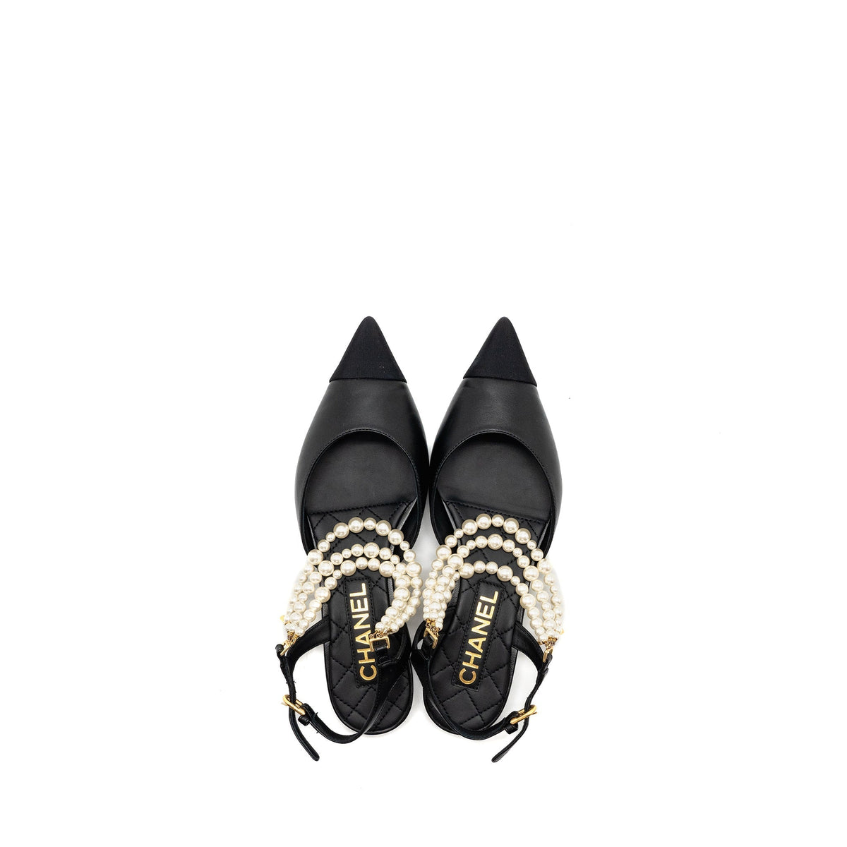 CHANEL 22A SLINGBACK MULES WITH PEARLS LAMBSKIN BLACK LGHW