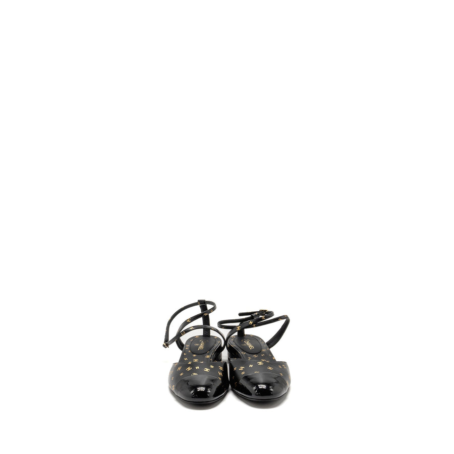 CHANEL CC LOGO PRINT SLINGBACKS LAMBSKIN/PATENT CALFSKIN BLACK/GOLD GHW