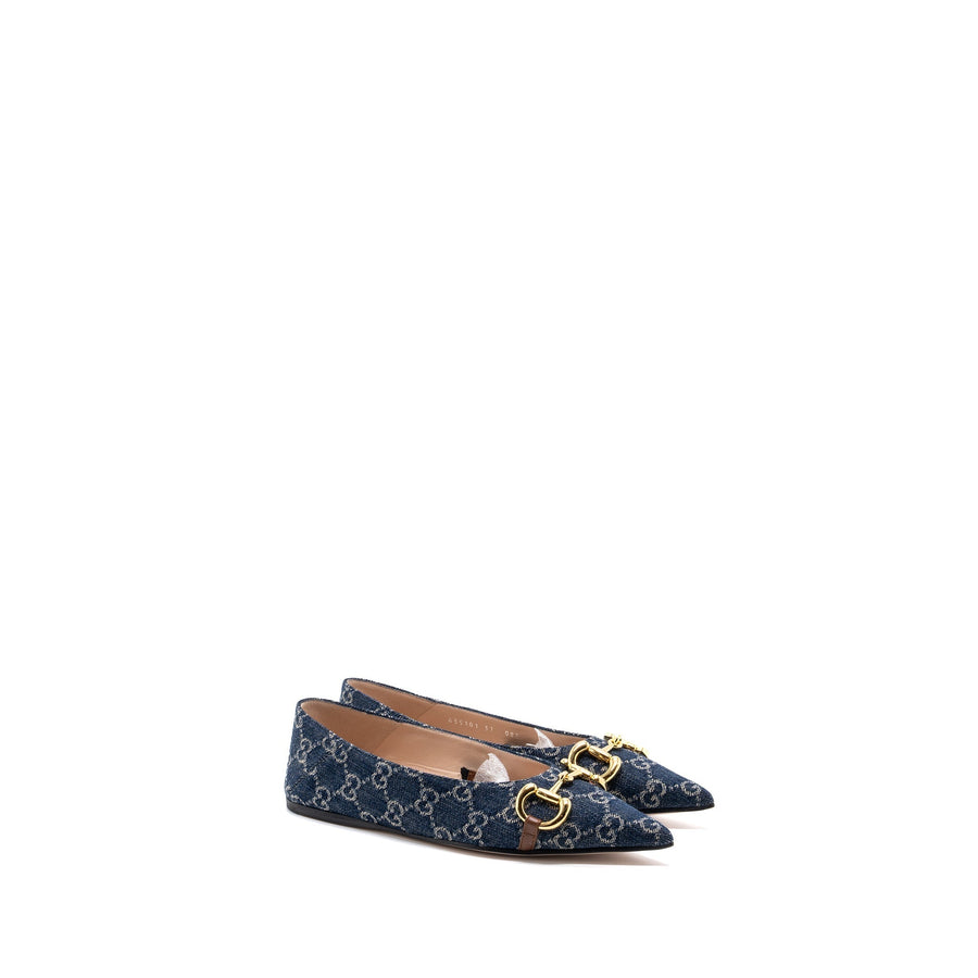 Gucci GG Horsebit Ballerina Shoes GG Supreme Denim GHW