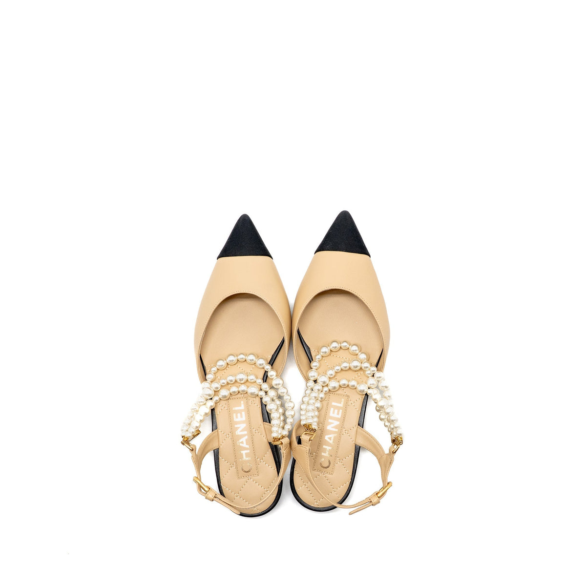 CHANEL SLINGBACK WITH PEARL STRAPS BEIGE/ BLACK