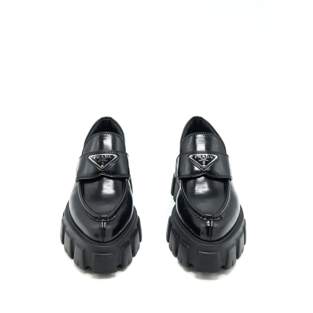 PRADA MONOLITH BRUSHED LEATHER POINTED LOAFERS BLACK